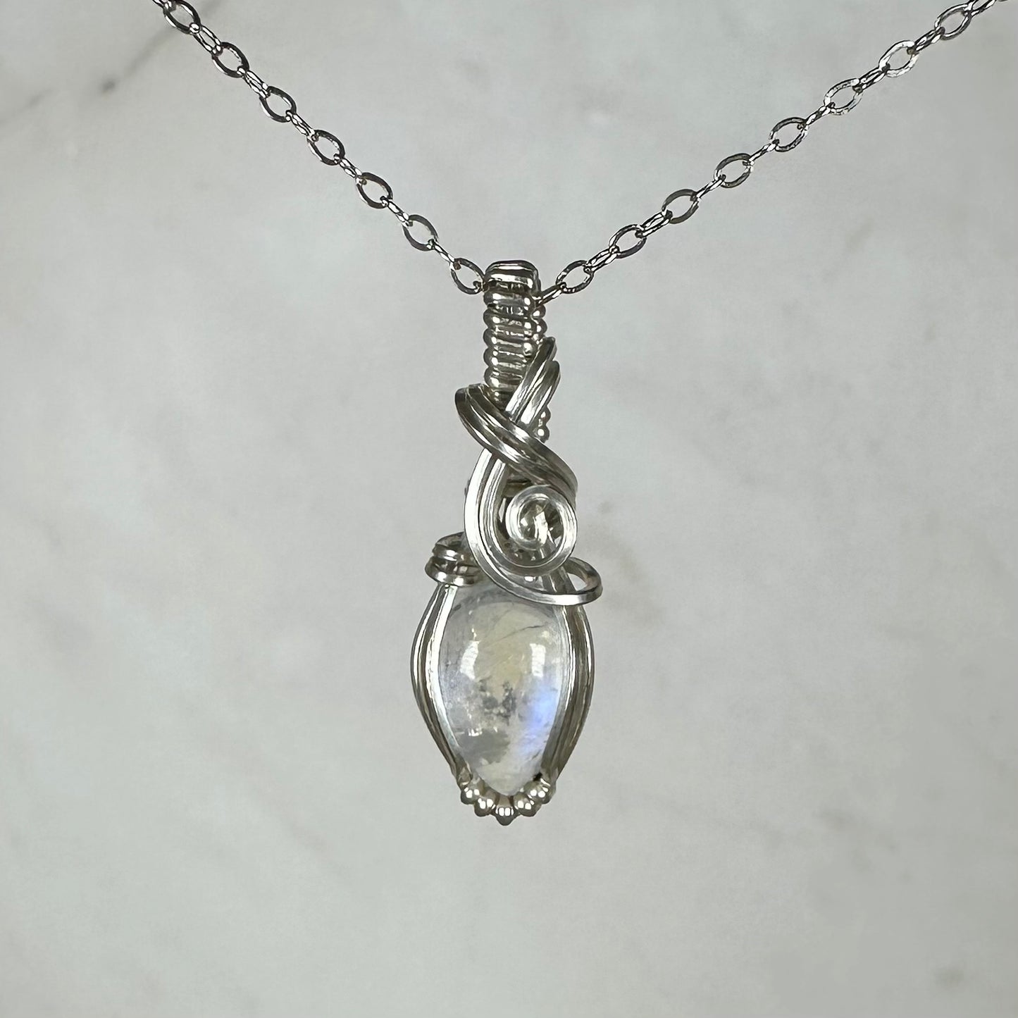 Sterling Silver Wire-Wrapped Rainbow Moonstone Pendant