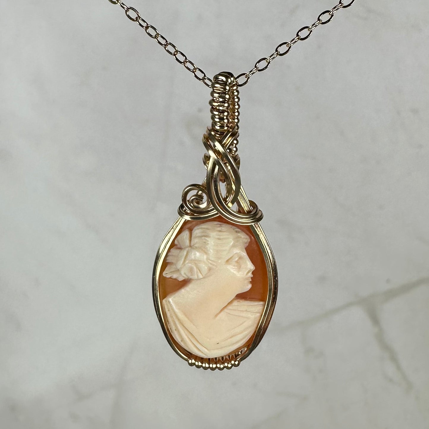 Vintage Carved Shell Cameo of Woman Pendant Wire-Wrapped in 14k Goldfill