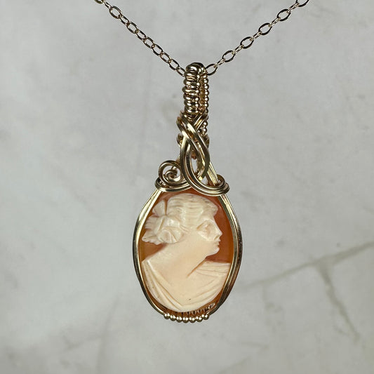 Vintage Carved Shell Cameo of Woman Pendant Wire-Wrapped in 14k Goldfill