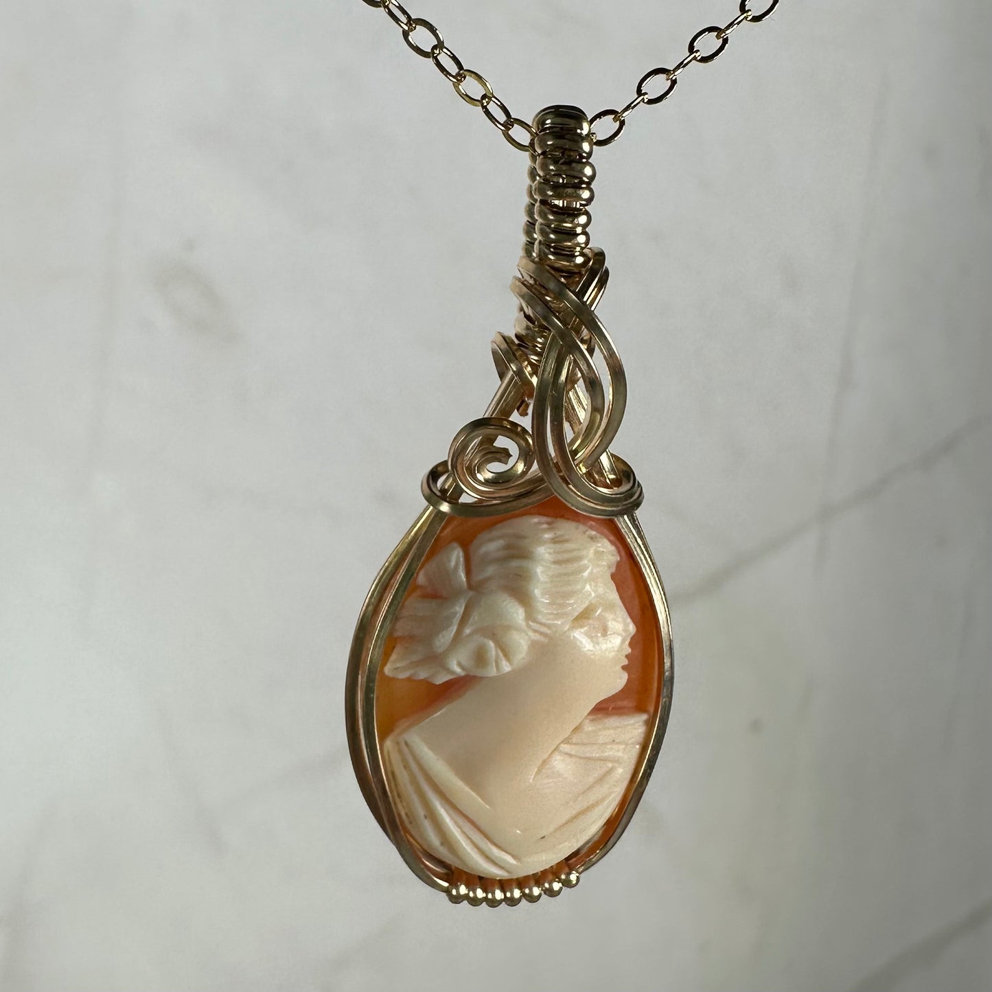 Vintage Carved Shell Cameo of Woman Pendant Wire-Wrapped in 14k Goldfill