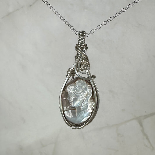 Sterling Silver Wire-Wrapped Vintage Mother of Pearl Carved Cameo Pendant