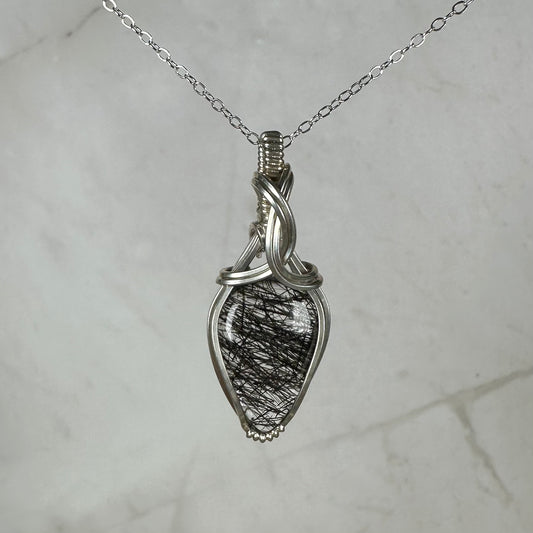 Wire-Wrapped Natural Black Tourmaline Rutilated Quartz Pendant in Sterling Silver