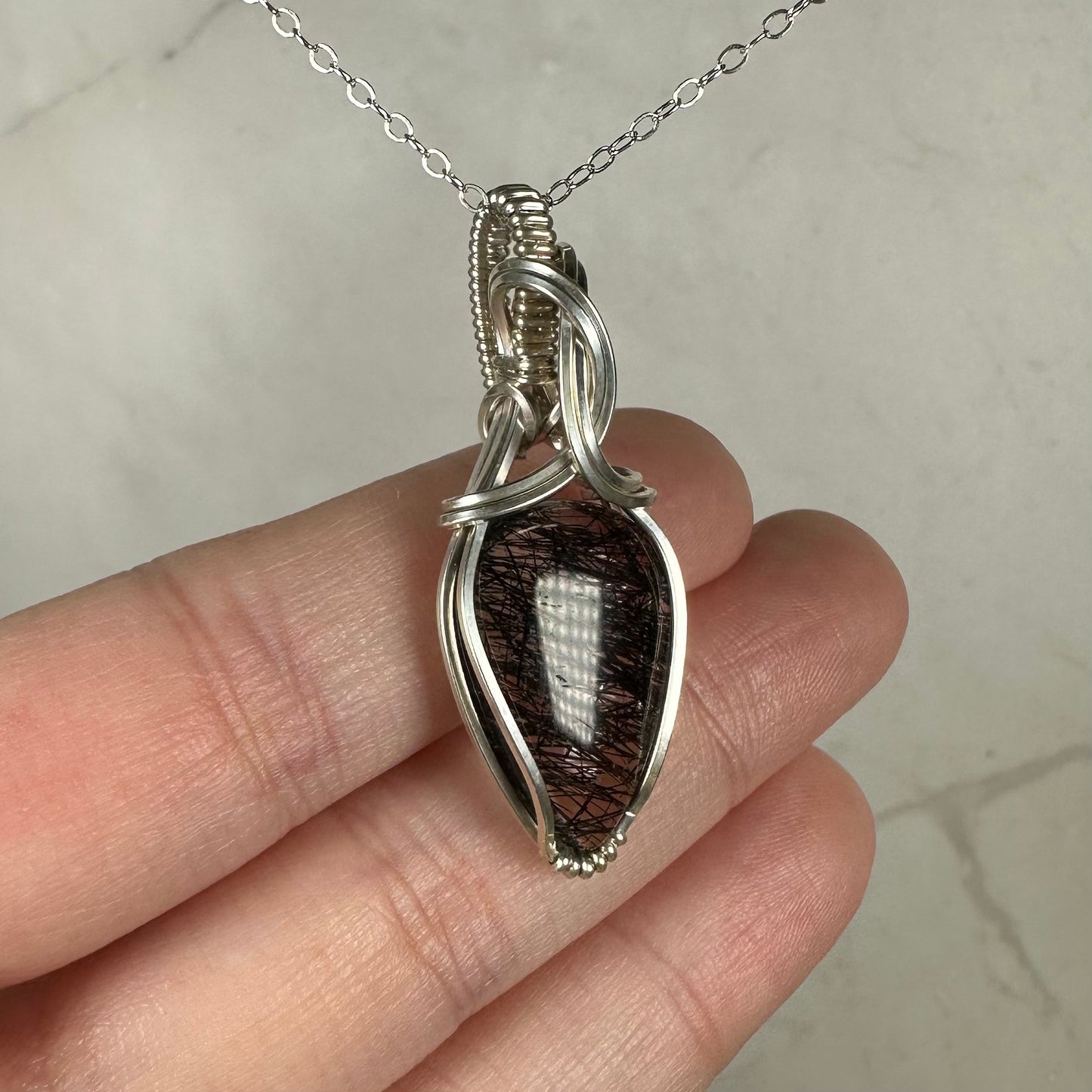 Wire-Wrapped Natural Black Tourmaline Rutilated Quartz Pendant in Sterling Silver