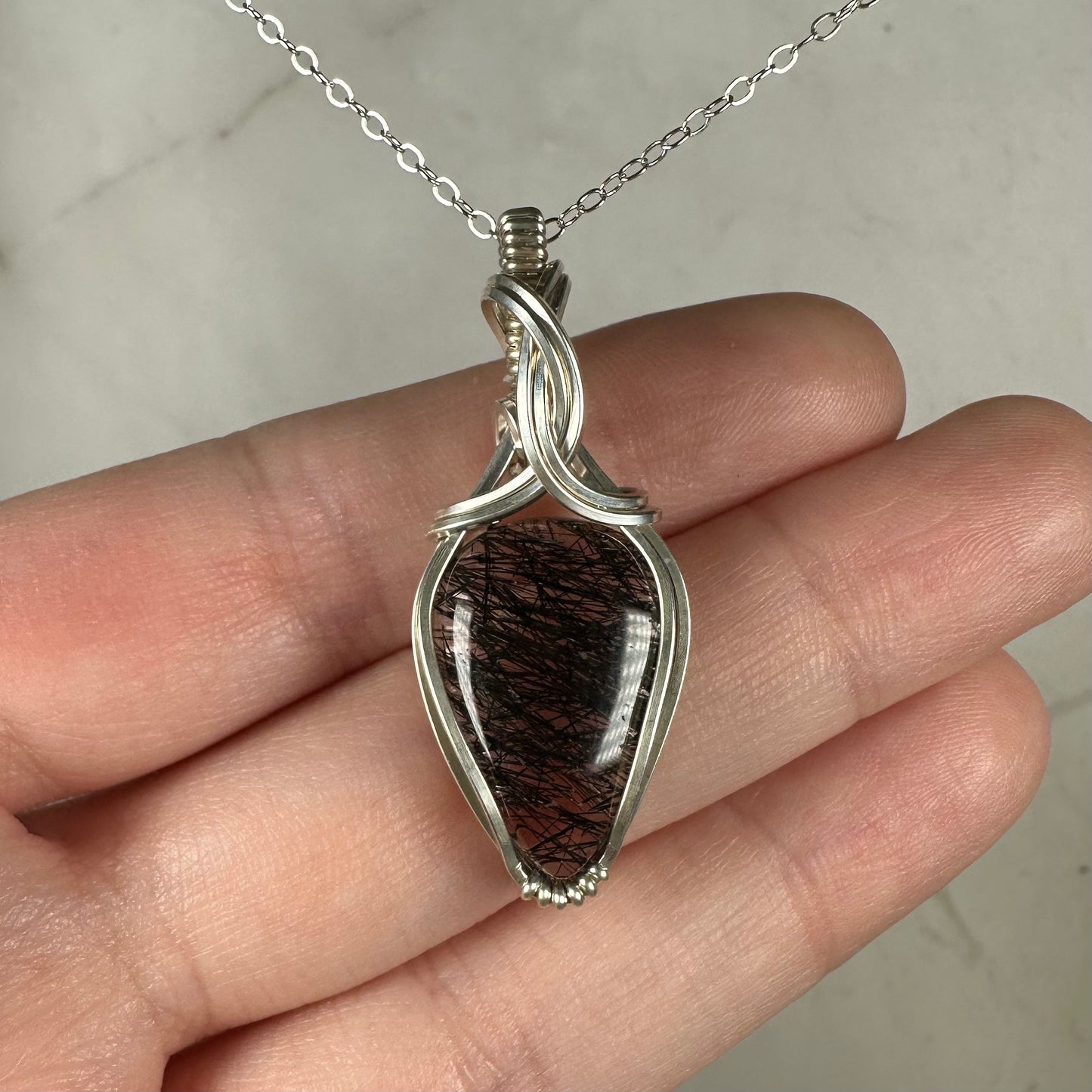 Wire-Wrapped Natural Black Tourmaline Rutilated Quartz Pendant in Sterling Silver