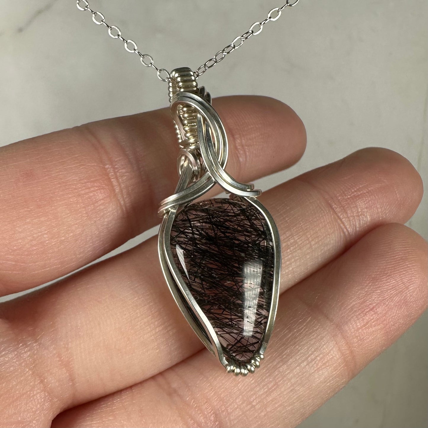 Wire-Wrapped Natural Black Tourmaline Rutilated Quartz Pendant in Sterling Silver