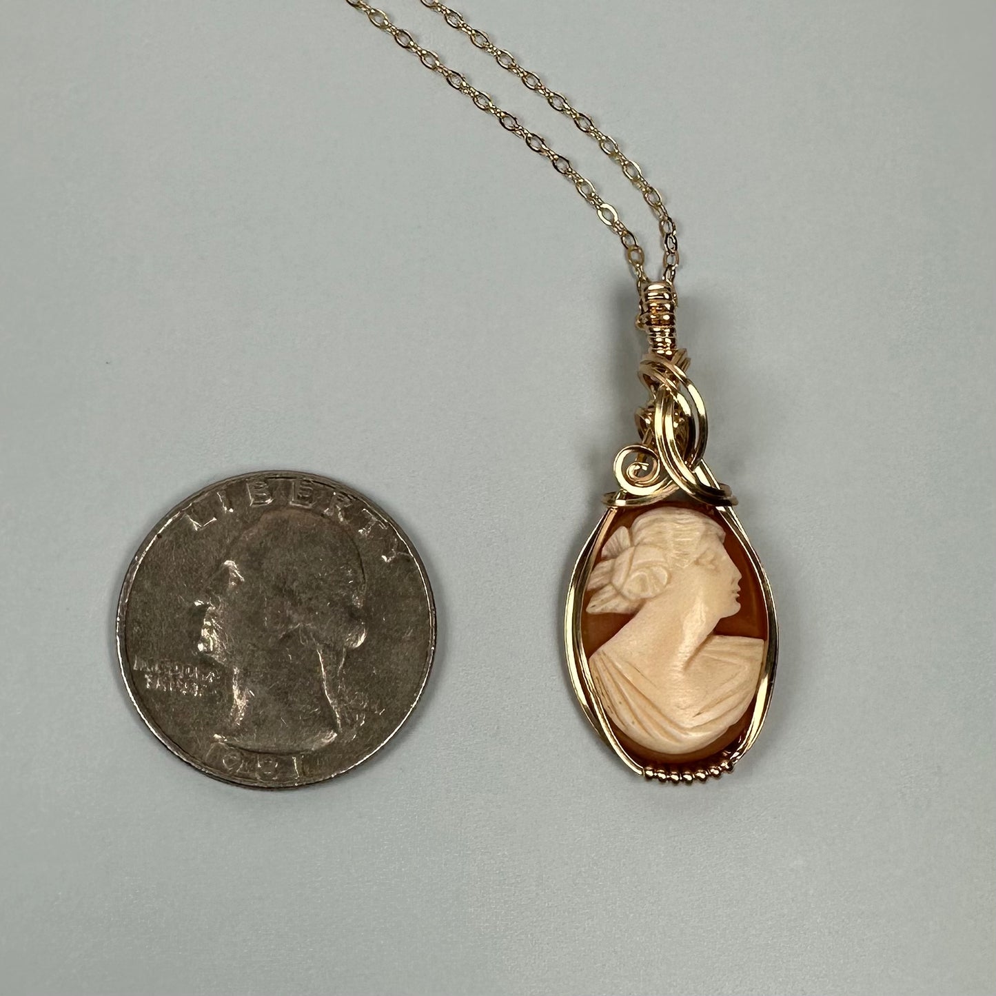 Vintage Carved Shell Cameo of Woman Pendant Wire-Wrapped in 14k Goldfill
