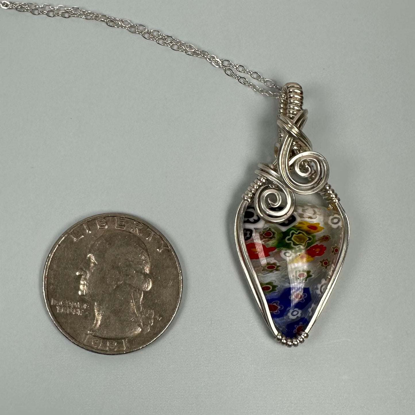 Rainbow Murano "Millefiori" Glass Pendant Wire-Wrapped in Sterling Silver