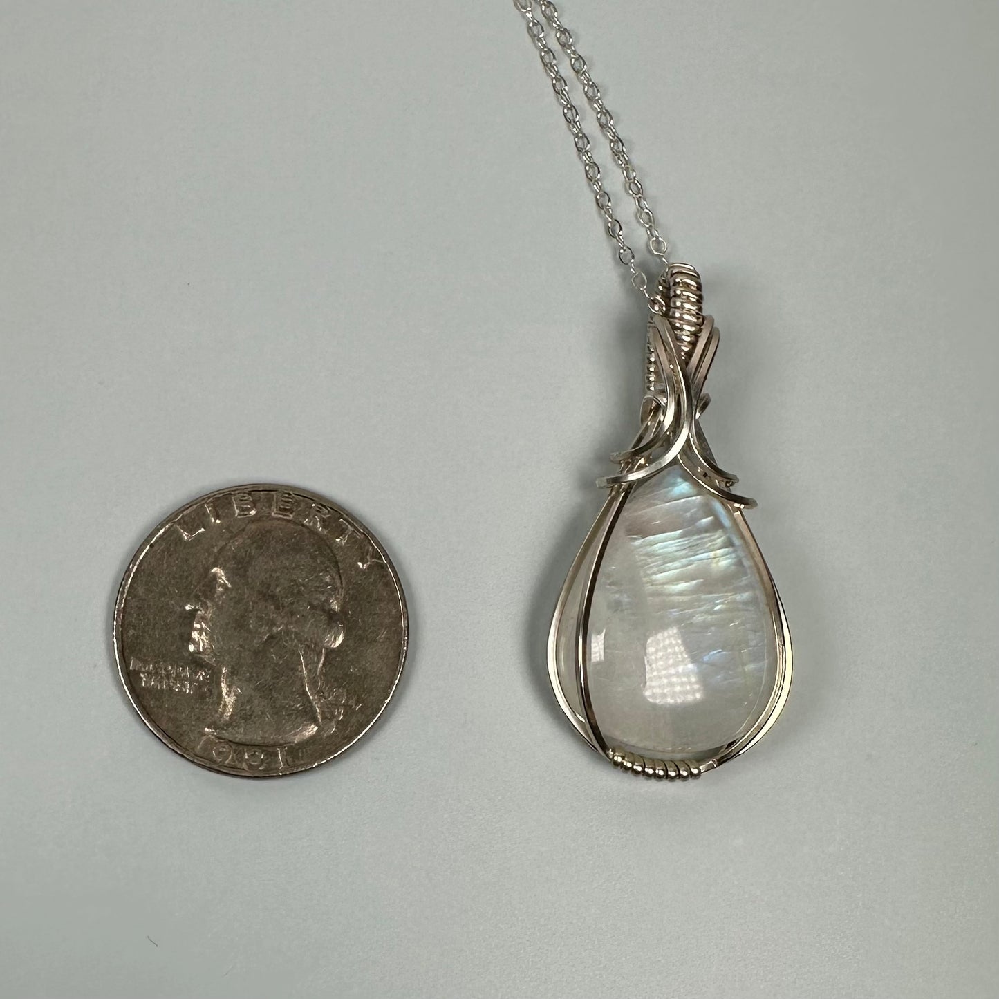 Rainbow Moonstone Pendant Wire-Wrapped in Sterling Silver