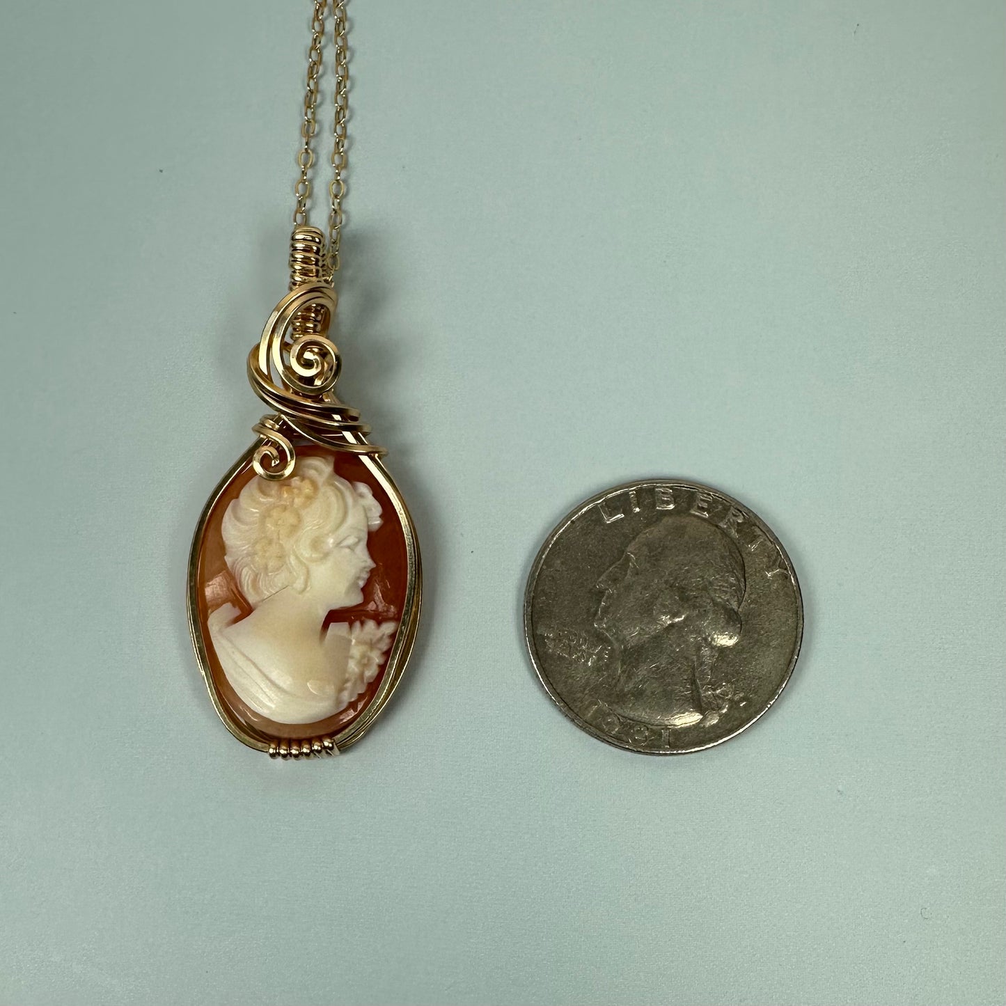 Wire-Wrapped Vintage Carved Shell Cameo of Woman Pendant in 14k Goldfill
