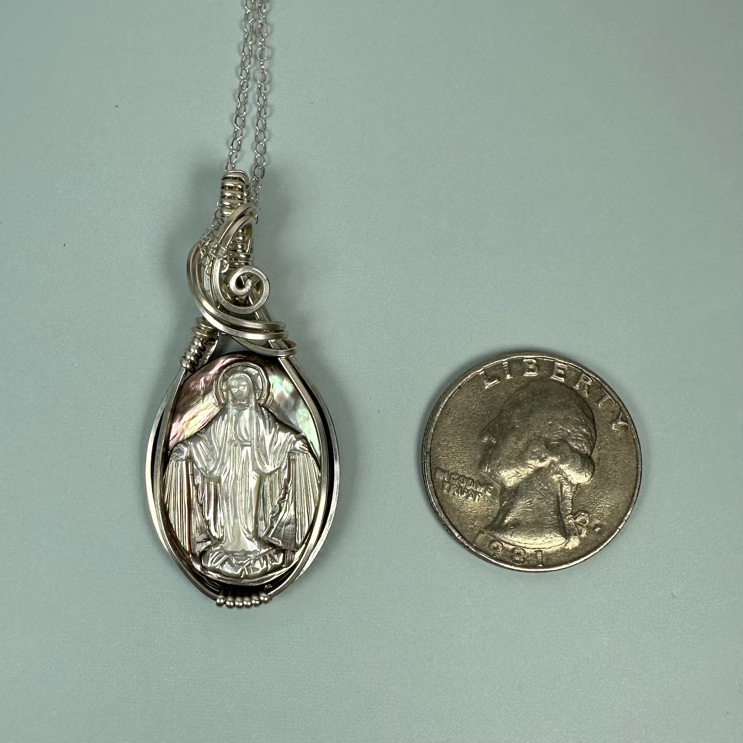 Sterling Silver Wire-Wrapped Vintage Mother of Pearl Carved Cameo Pendant of Miraculous Virgin Mary