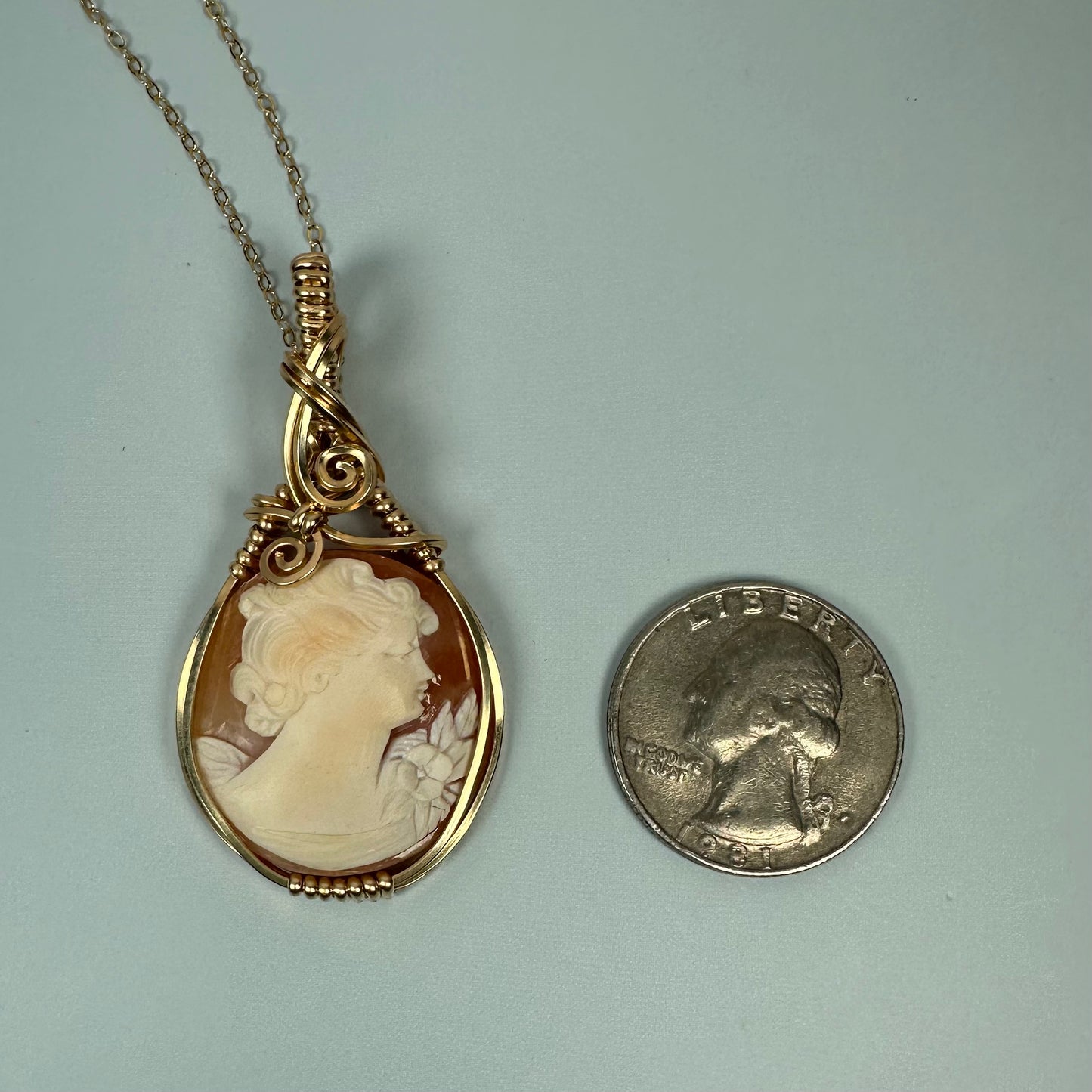 Wire-Wrapped Vintage Carved Shell Cameo of Woman Pendant in 14k Goldfill