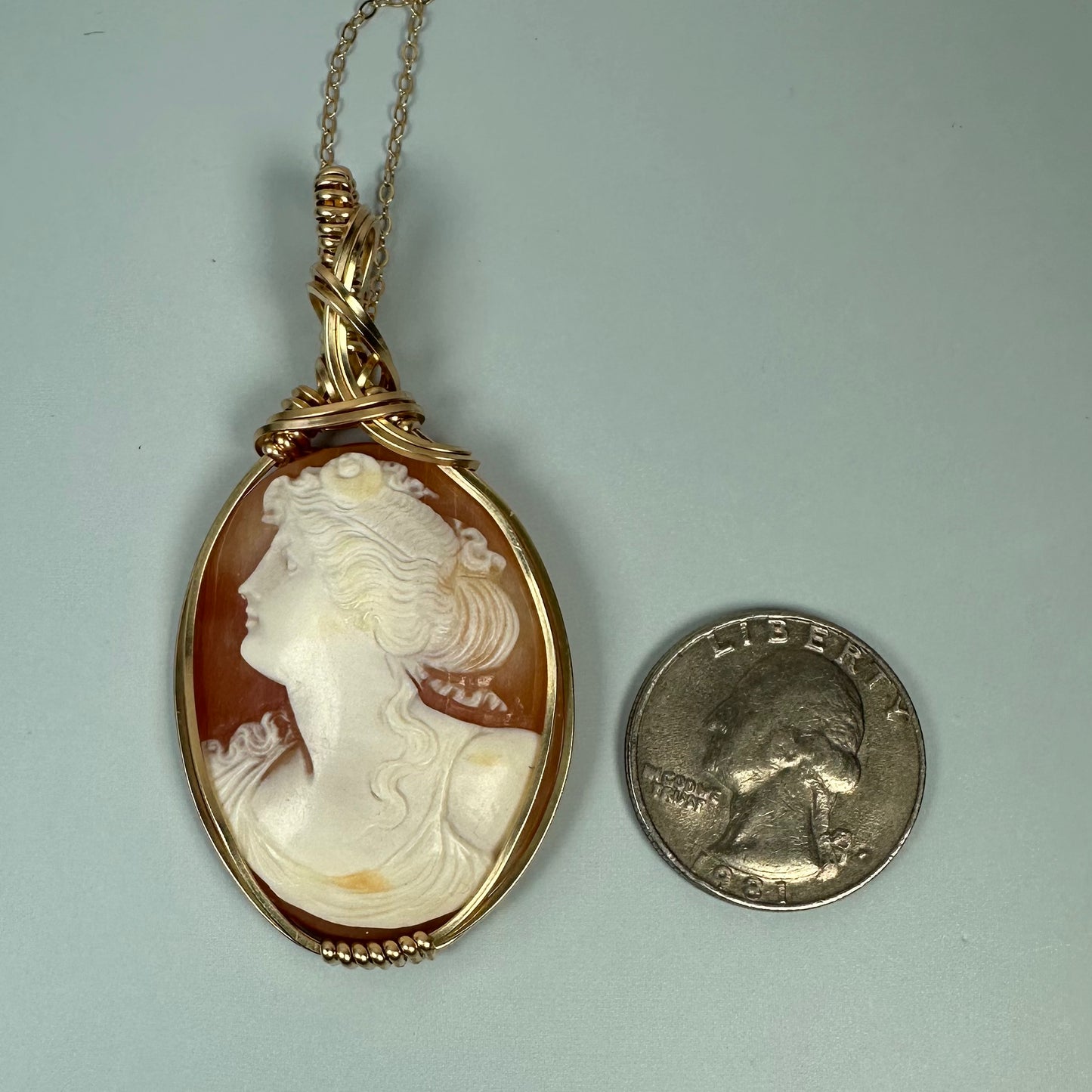 Antique Victorian/Edwardian Carved Shell Cameo Portrait of the Goddess Diana Pendant Wire-Wrapped in 14k Goldfilled Wire