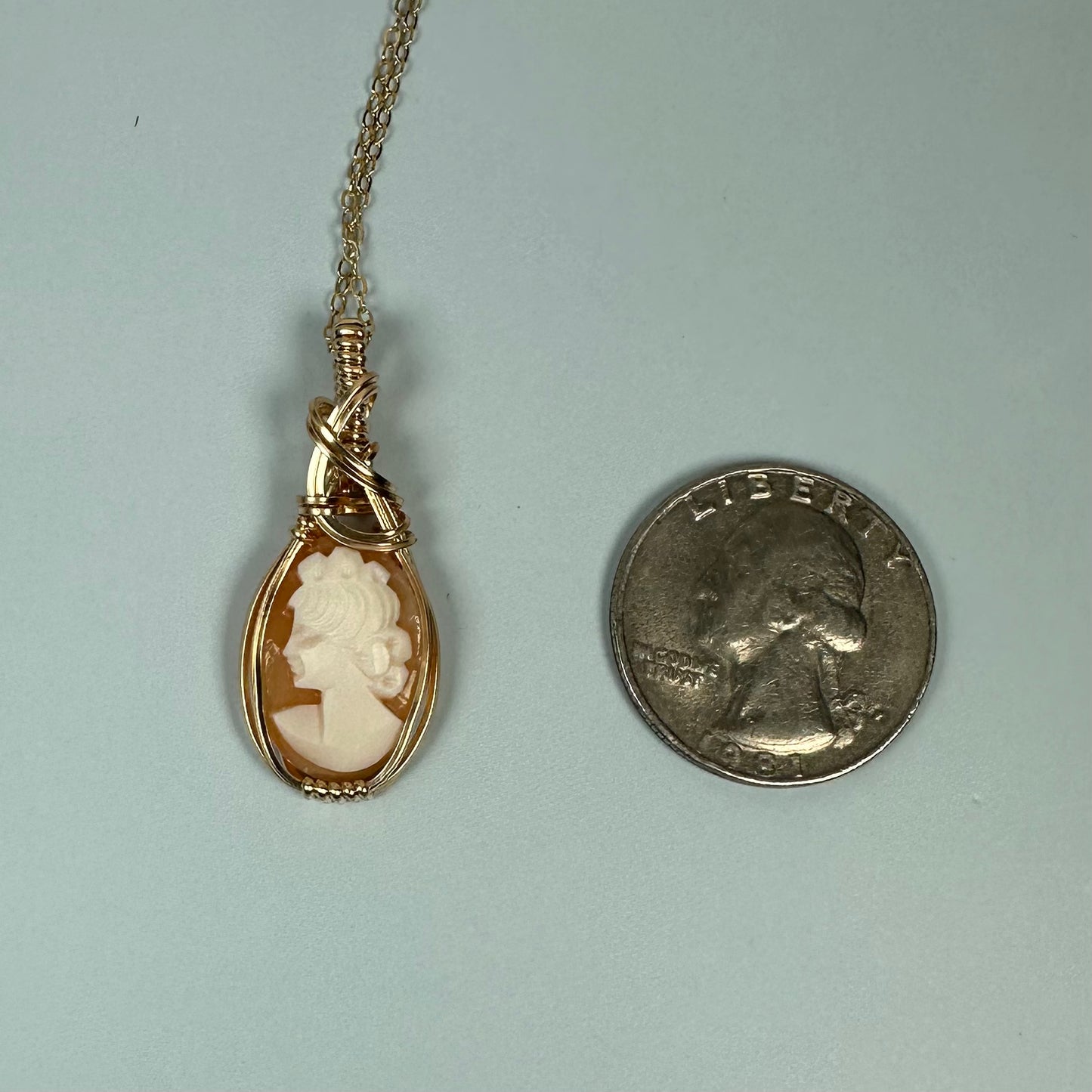 Vintage Carved Shell Cameo of Woman Pendant Wire-Wrapped in 14k Goldfill