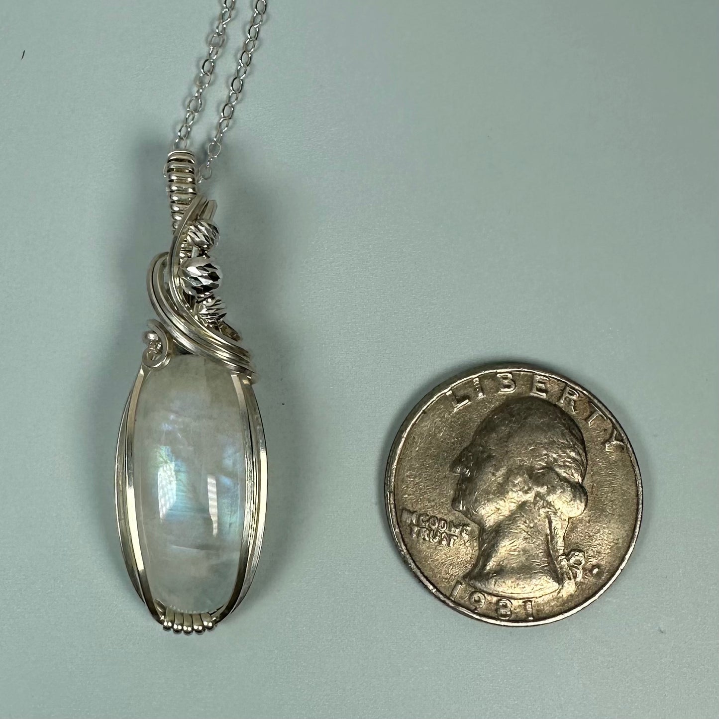 Sterling Silver Wire-Wrapped Rainbow Moonstone Pendant