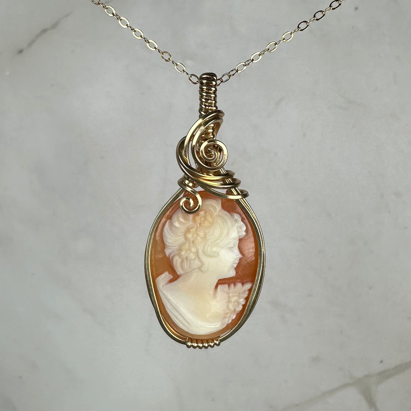 Wire-Wrapped Vintage Carved Shell Cameo of Woman Pendant in 14k Goldfill