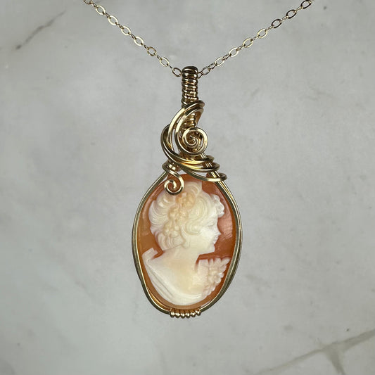 Wire-Wrapped Vintage Carved Shell Cameo of Woman Pendant in 14k Goldfill