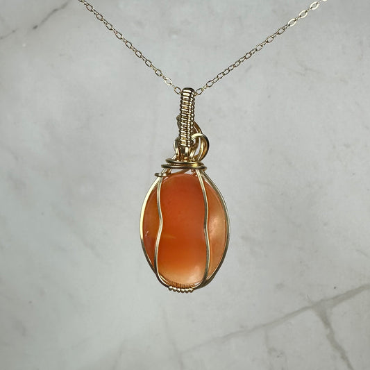 Wire-Wrapped Vintage Carved Shell Cameo of Woman Pendant in 14k Goldfill