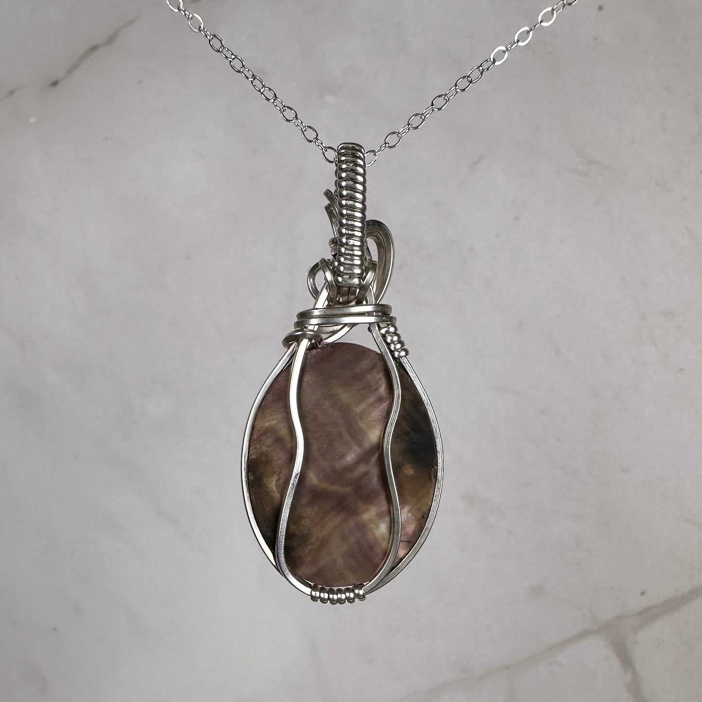 Sterling Silver Wire-Wrapped Vintage Mother of Pearl Carved Cameo Pendant of Miraculous Virgin Mary