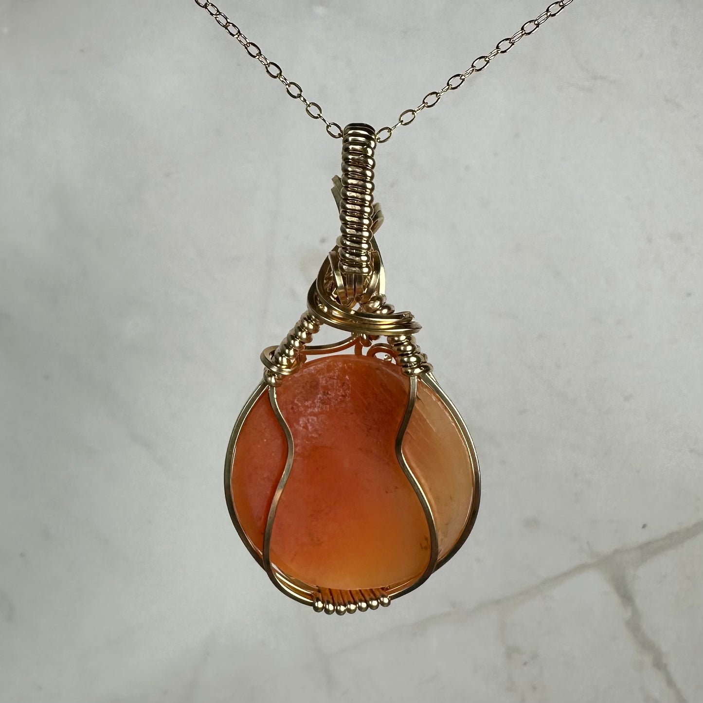 Wire-Wrapped Vintage Carved Shell Cameo of Woman Pendant in 14k Goldfill