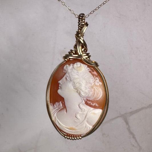 Antique Victorian/Edwardian Carved Shell Cameo Portrait of the Goddess Diana Pendant Wire-Wrapped in 14k Goldfilled Wire