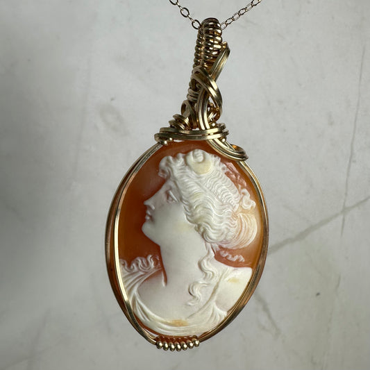 Antique Victorian/Edwardian Carved Shell Cameo Portrait of the Goddess Diana Pendant Wire-Wrapped in 14k Goldfilled Wire