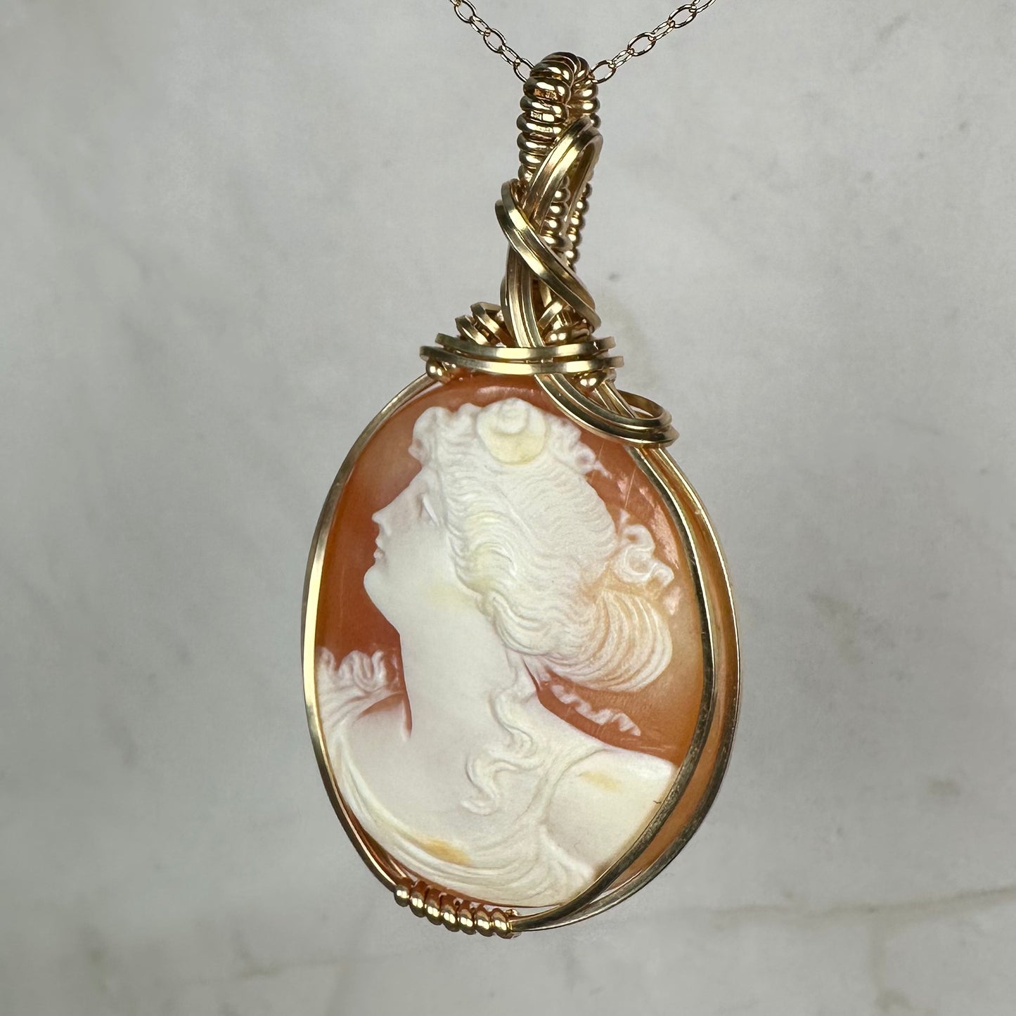 Antique Victorian/Edwardian Carved Shell Cameo Portrait of the Goddess Diana Pendant Wire-Wrapped in 14k Goldfilled Wire