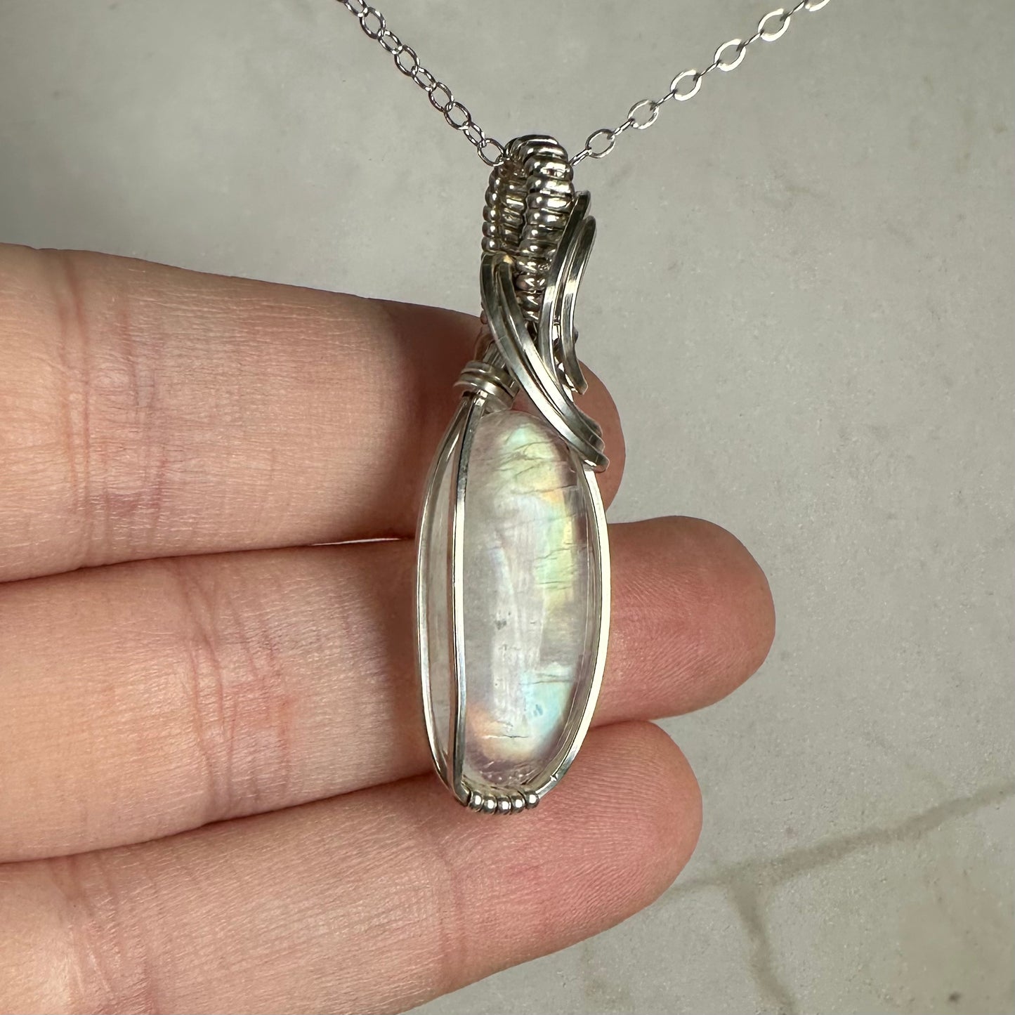 Sterling Silver Wire-Wrapped Rainbow Moonstone Pendant