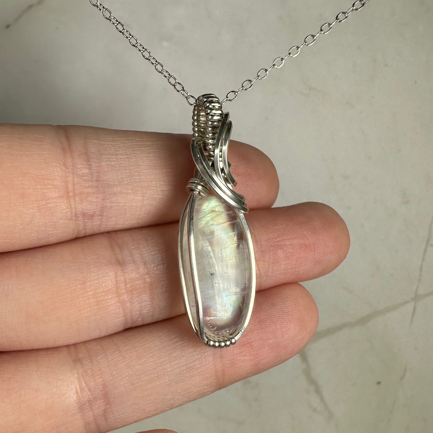 Sterling Silver Wire-Wrapped Rainbow Moonstone Pendant