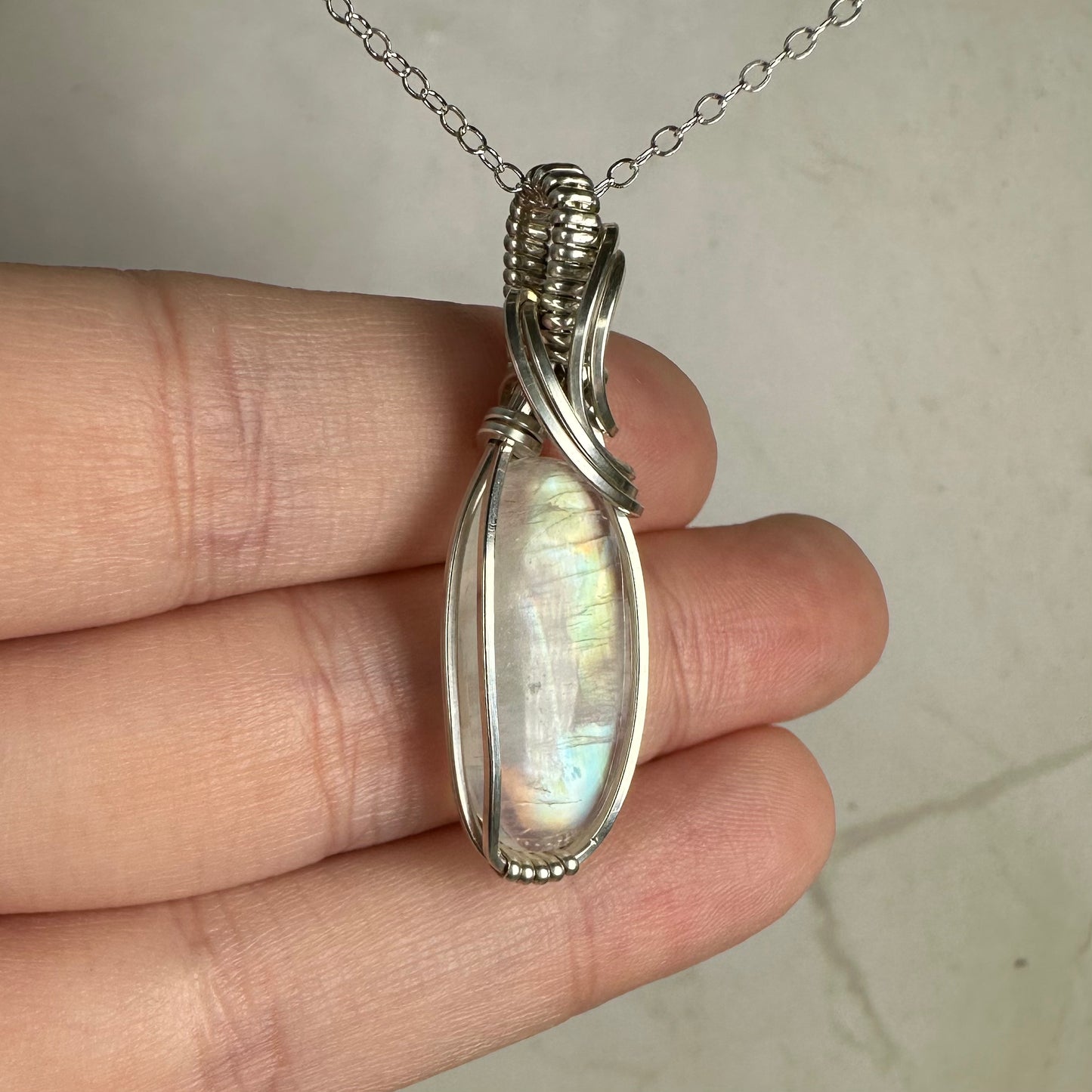 Sterling Silver Wire-Wrapped Rainbow Moonstone Pendant