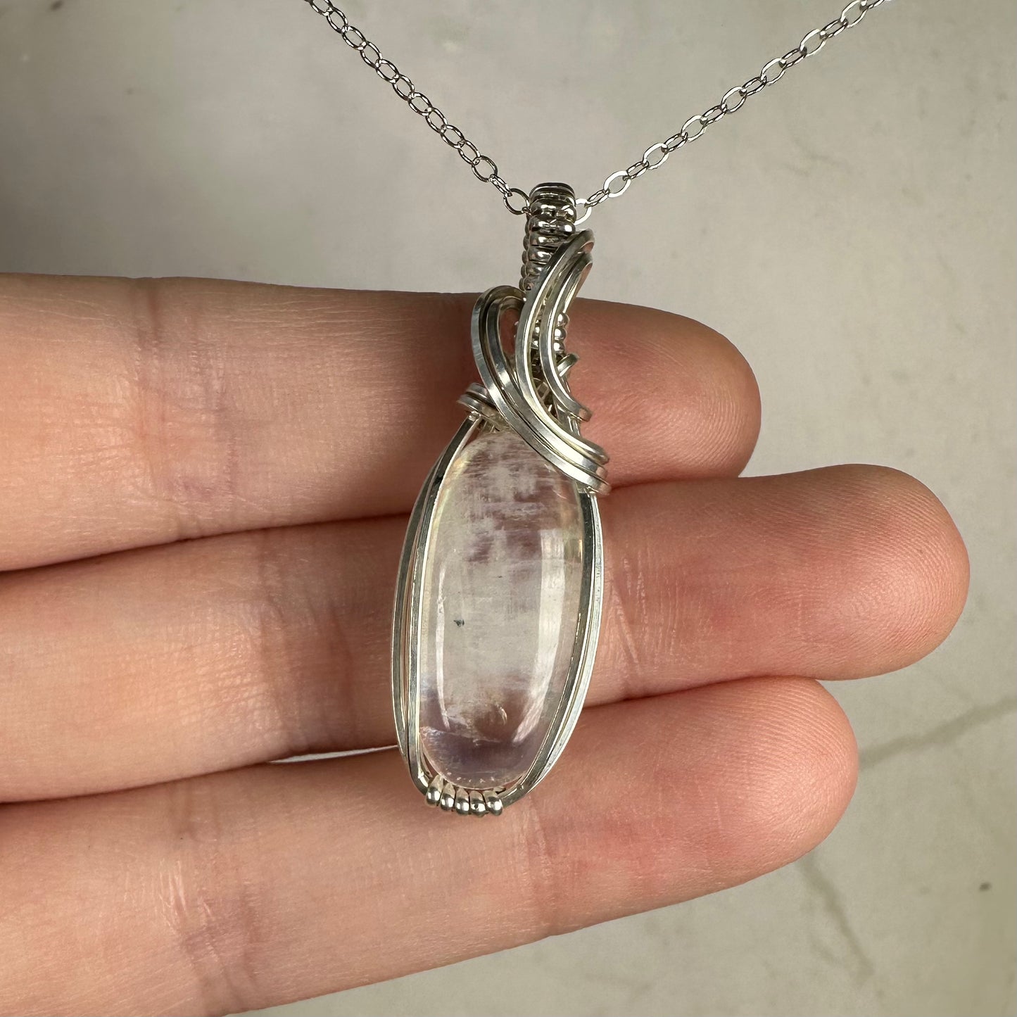 Sterling Silver Wire-Wrapped Rainbow Moonstone Pendant