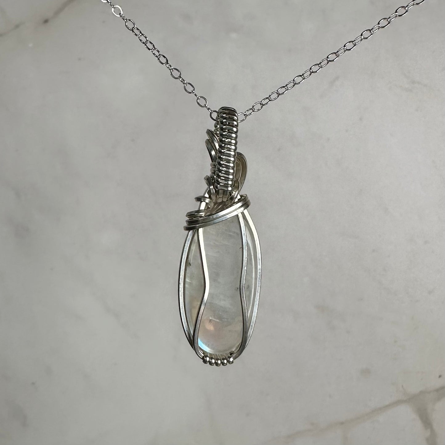 Sterling Silver Wire-Wrapped Rainbow Moonstone Pendant
