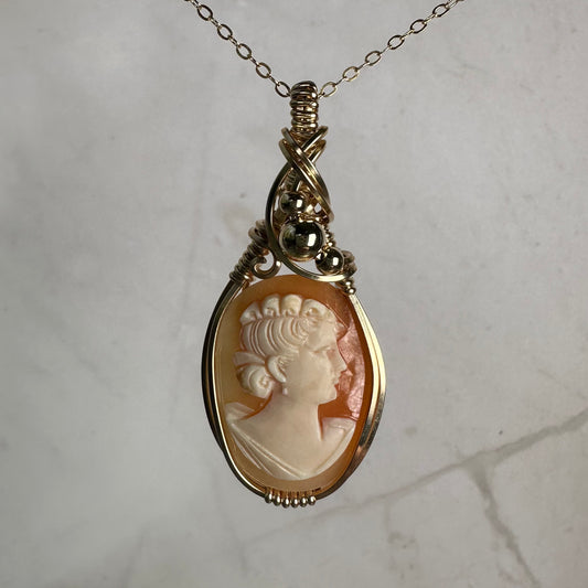 Carved Vintage Shell Cameo of Woman Pendant Wire-Wrapped in 14k Goldfill