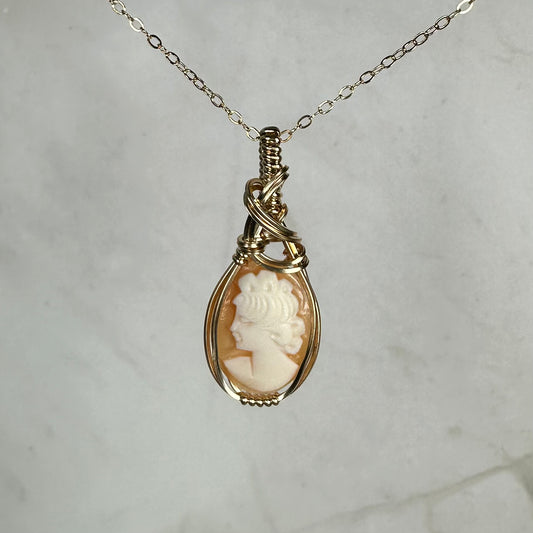 Vintage Carved Shell Cameo of Woman Pendant Wire-Wrapped in 14k Goldfill