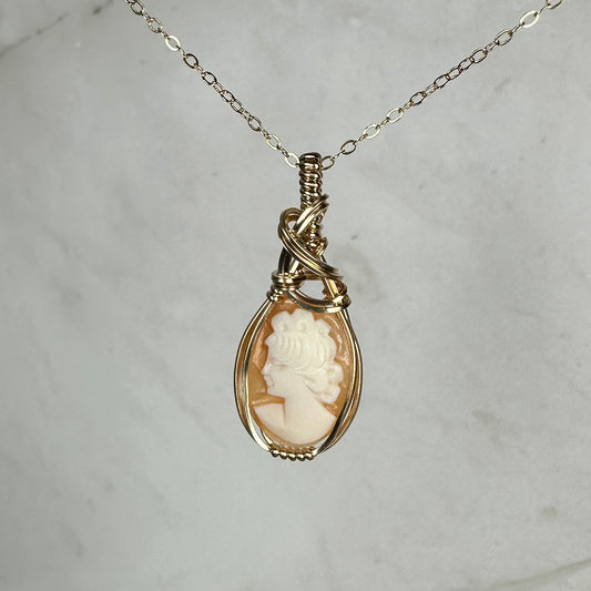 Vintage Carved Shell Cameo of Woman Pendant Wire-Wrapped in 14k Goldfill