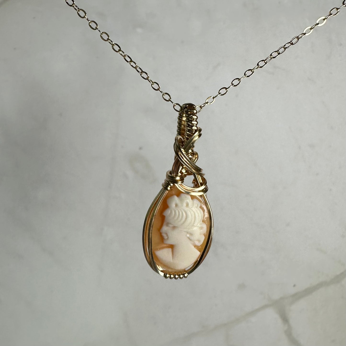 Vintage Carved Shell Cameo of Woman Pendant Wire-Wrapped in 14k Goldfill