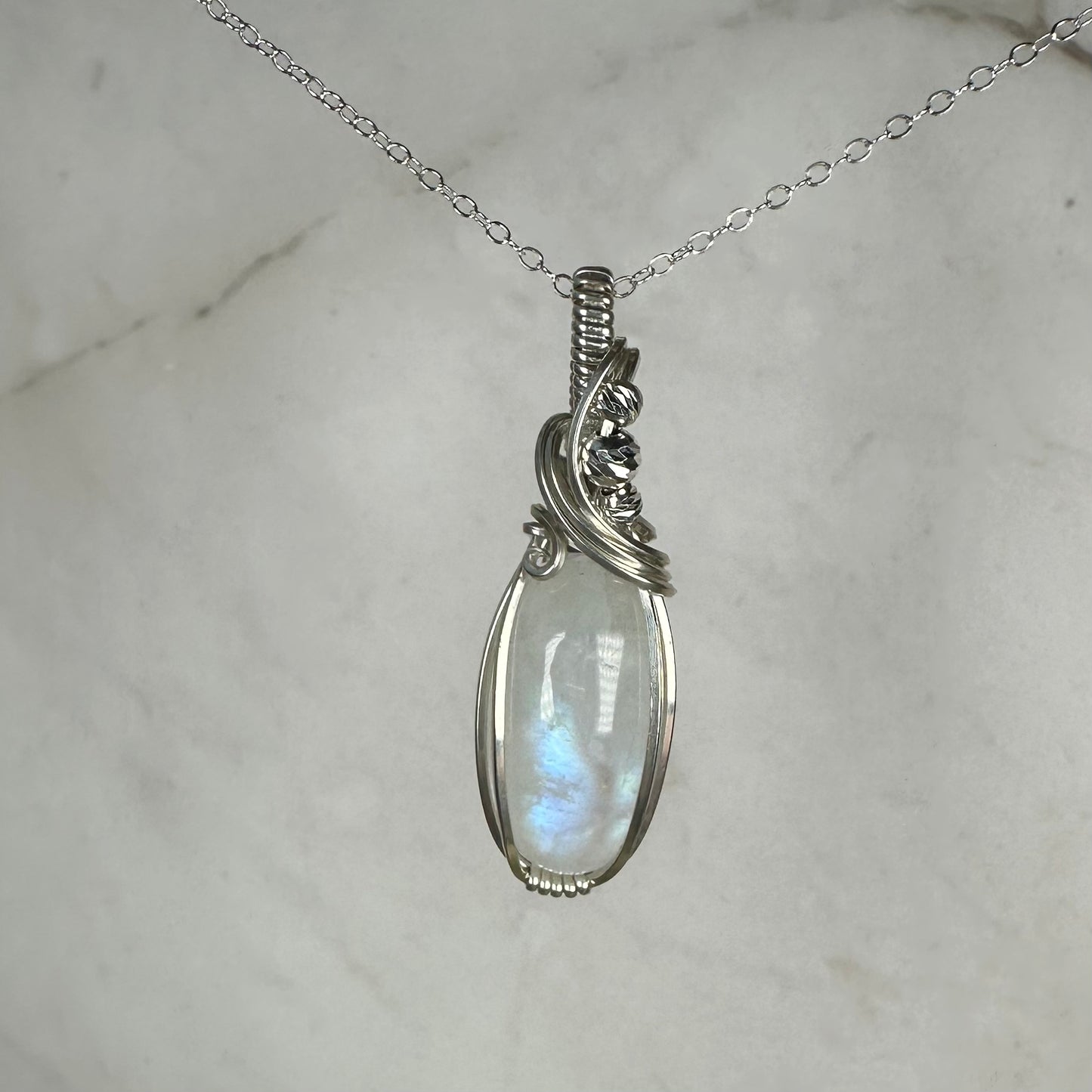 Sterling Silver Wire-Wrapped Rainbow Moonstone Pendant