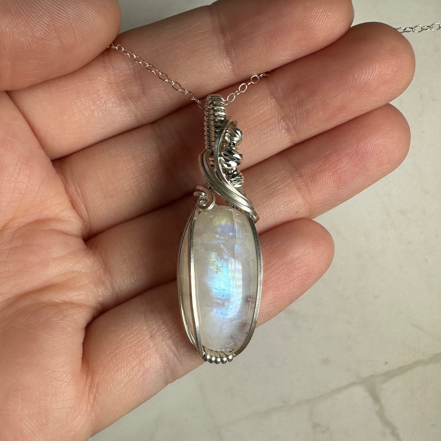 Sterling Silver Wire-Wrapped Rainbow Moonstone Pendant