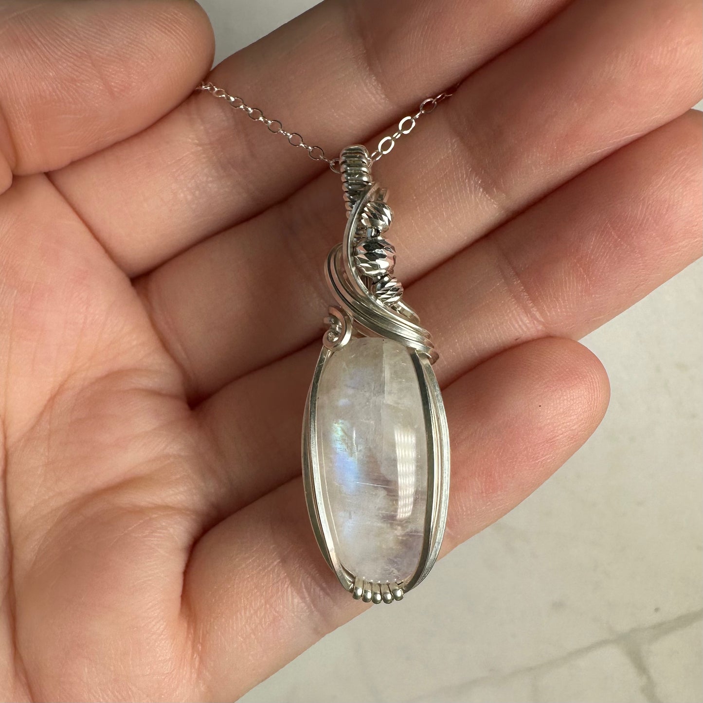 Sterling Silver Wire-Wrapped Rainbow Moonstone Pendant