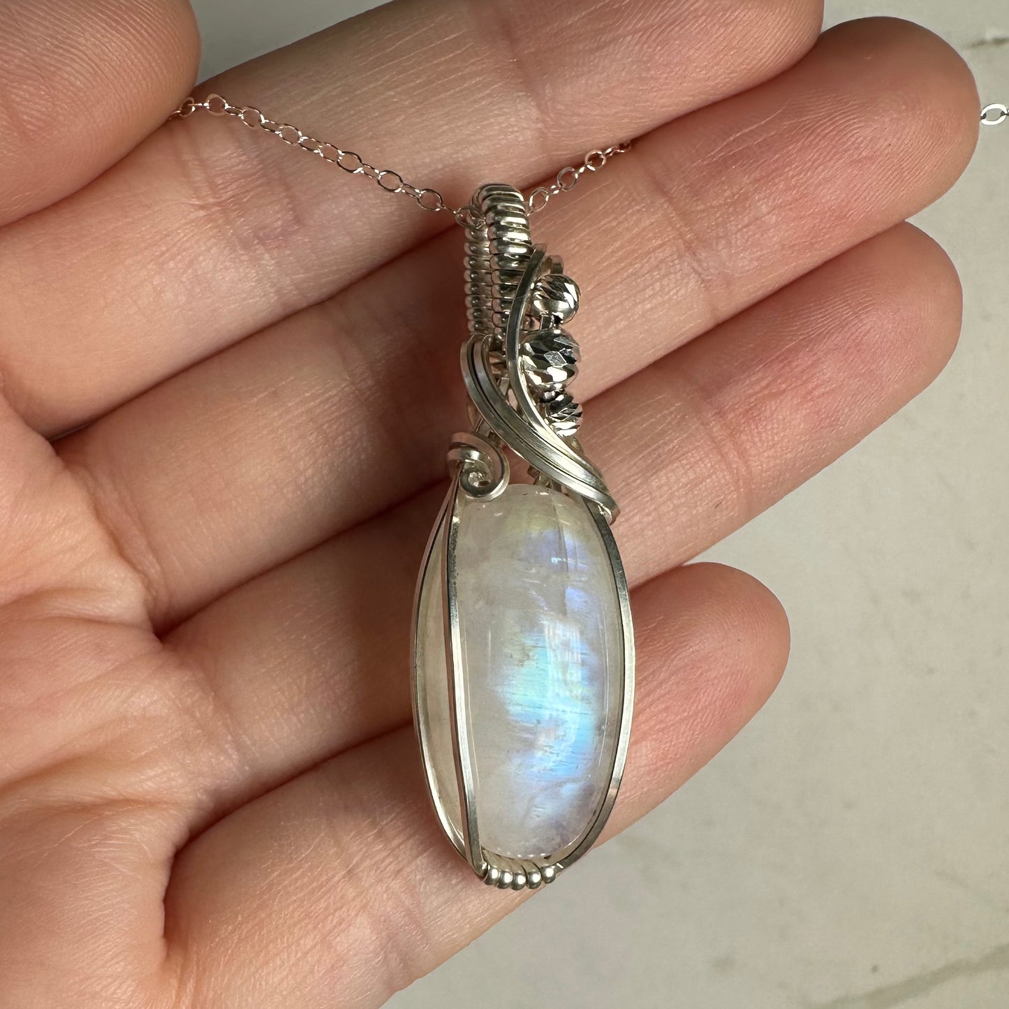 Sterling Silver Wire-Wrapped Rainbow Moonstone Pendant