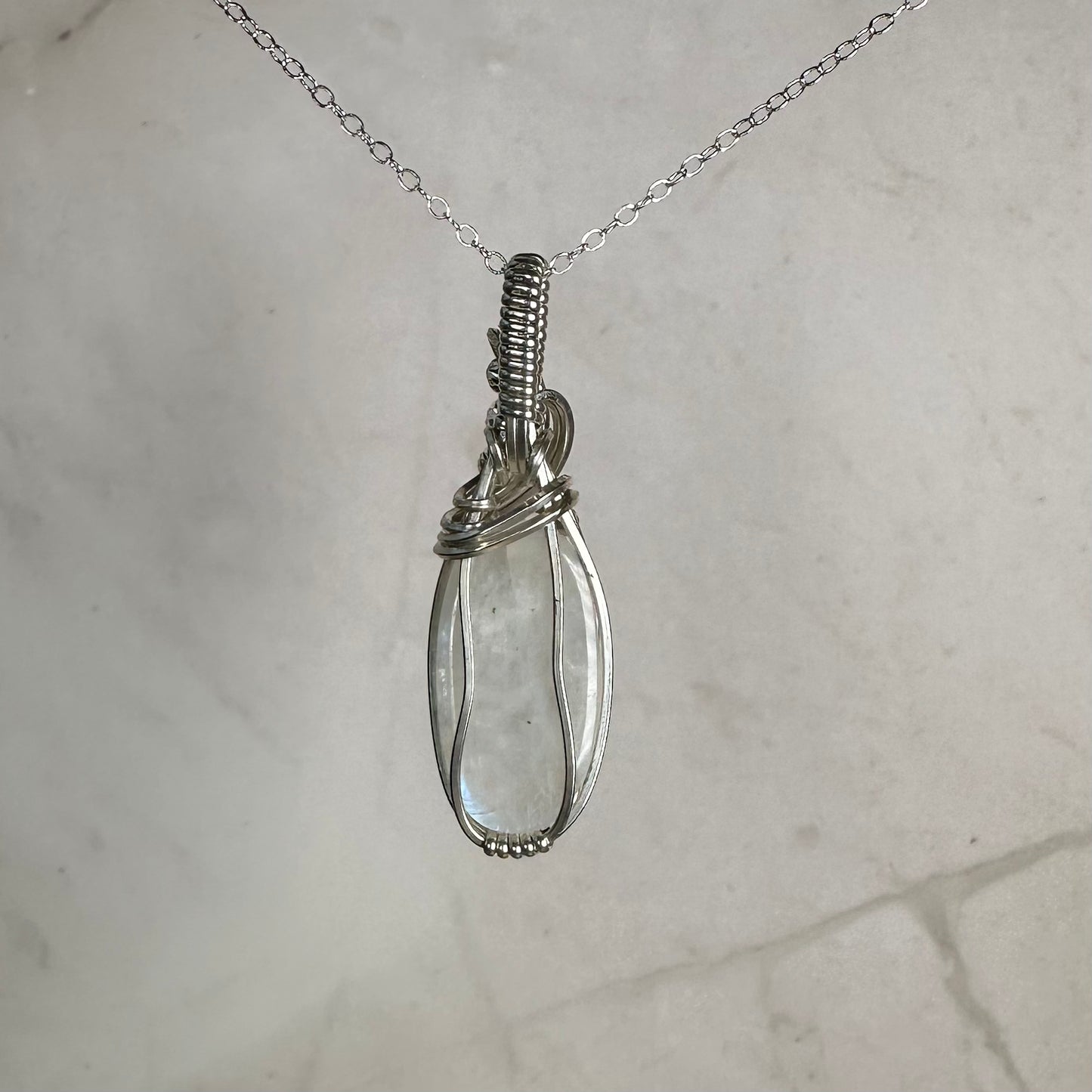 Sterling Silver Wire-Wrapped Rainbow Moonstone Pendant
