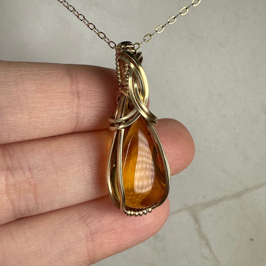 Mexican Amber Pendant Wire-Wrapped in 14k Goldfill