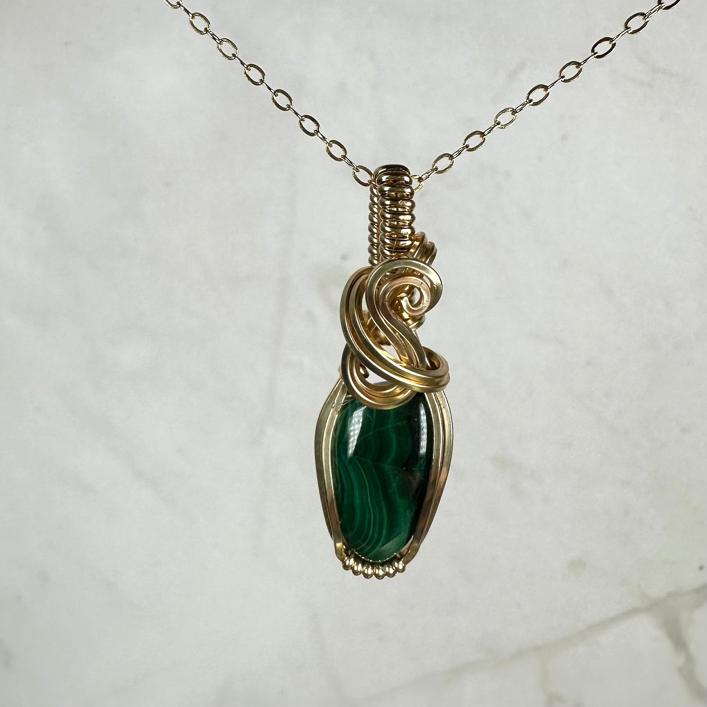 Malachite Pendant Wire-Wrapped in 14k Goldfill