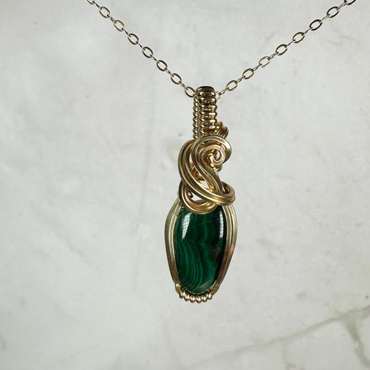Malachite Pendant Wire-Wrapped in 14k Goldfill