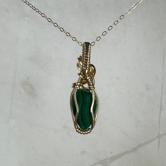 Malachite Pendant Wire-Wrapped in 14k Goldfill