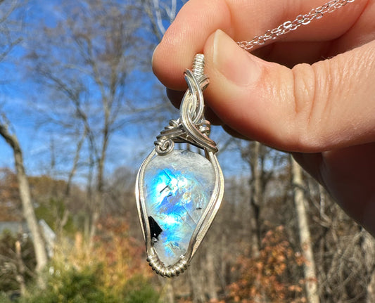 Wire-wrapped Rainbow Moonstone with Black Tourmaline Pendant in Sterling Silver