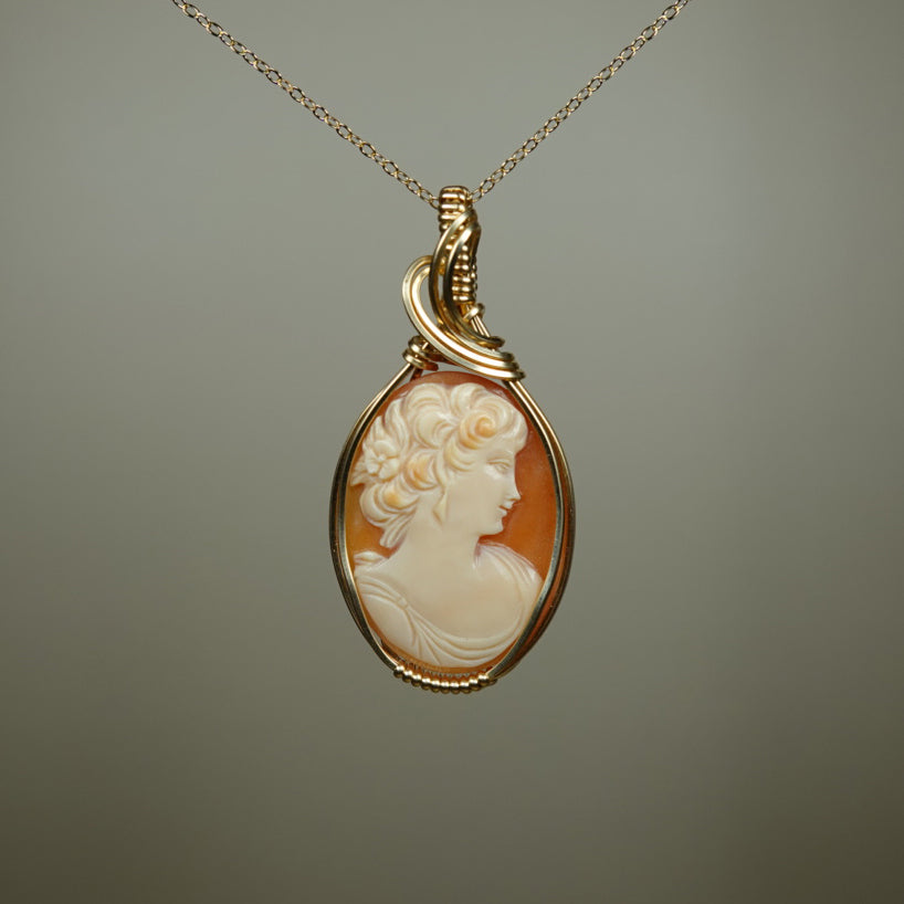 Handcarved Vintage Shell Cameo of Woman Pendant Wire-Wrapped in 14k Goldfilled Wire