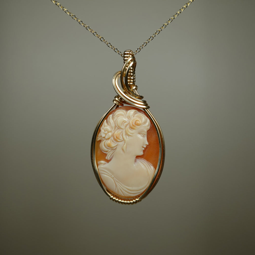 Handcarved Vintage Shell Cameo of Woman Pendant Wire-Wrapped in 14k Goldfilled Wire