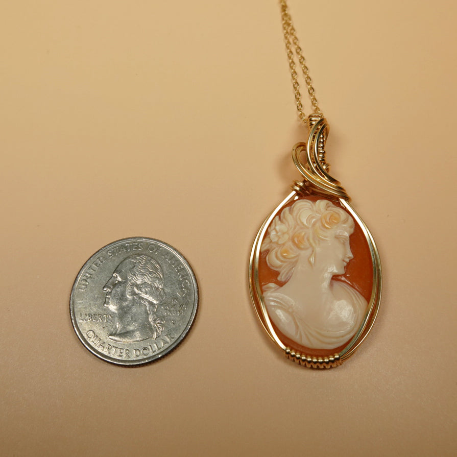 Handcarved Vintage Shell Cameo of Woman Pendant Wire-Wrapped in 14k Goldfilled Wire