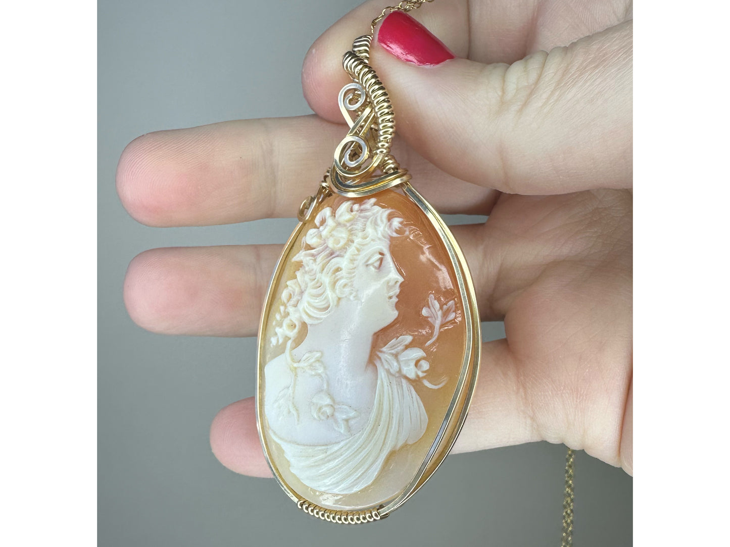 14k Goldfilled Wire-Wrapped Antique Carved Shell Cameo of Goddess Flora