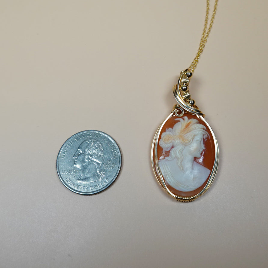 14k Goldfilled Wire-Wrapped Pendant with Authentic Handcarved Shell Cameo of the Goddess Demeter